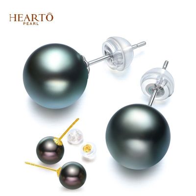 海瞳18K金大溪地黑珍珠耳钉正圆海水黑珍珠耳饰女款百搭耳饰珍珠首饰礼物孔雀绿系-8-9mm/无瑕