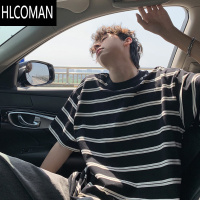 HLCOMAN美式复古条纹t恤男短袖夏季2025新款潮牌拼色宽松半袖男