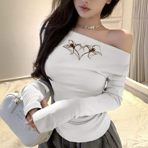 性感一字领长袖T恤女冬装纯欲印花褶皱内搭打底衫修身露锁骨上衣