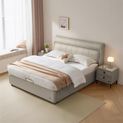 全友家居现代简约真皮床1.8米主卧室头层牛皮高脚软包双人大床