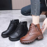 真皮圆头中跟系带侧拉链大码加绒女短靴厚底英伦风马丁靴