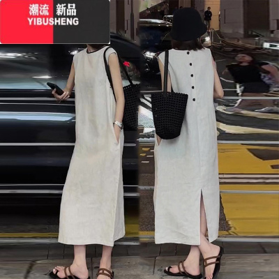 YIBUSHENG2024季新款女士法式高级感无袖连衣裙宽松显瘦休闲后开叉长裙子