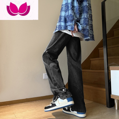 七斓欧美hiphop裤子ins高街潮开叉黑色牛仔裤男款修身美式复古微喇裤