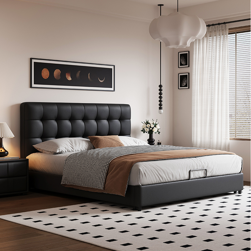 意式真皮床轻奢现代简约双人床主卧华夫格实木储物床家用软包婚床