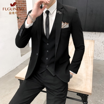 富贵鸟(FUGUINIAO)西服套装男修身商务休闲正装纯色新郎结婚礼服职业西装男士外套马甲西裤三件套