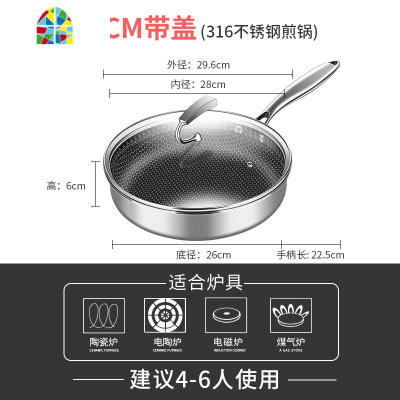 锅平底煎锅家用煎牛排煎蛋锅无涂层烙饼锅电磁炉适用锅 FENGHOU 316不锈钢平底锅[内径28CM]无锅盖