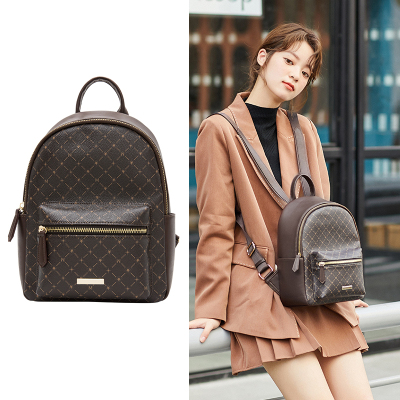 1件3折价：89.7-森马双肩包女2020新款老花料复古韩版百搭时尚书包大学生小背包黑色