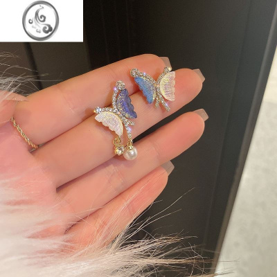 JiMi银银针不对称蝴蝶珍珠耳环女ins小众设计感耳钉高级感春夏耳饰品