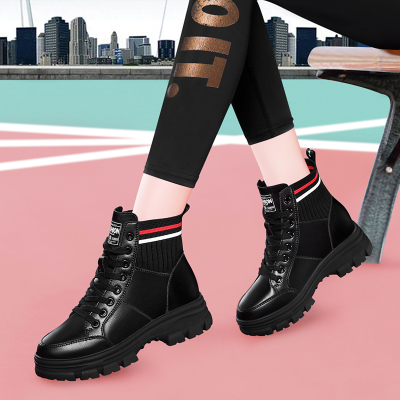 莱卡金顿牛皮马丁靴女2020新款秋冬高帮圆头系带内增高百搭英伦风短靴7076