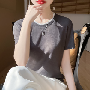 丝光2025春夏女新短款宽松拼色圆领半袖T恤套头针织衫短袖上衣