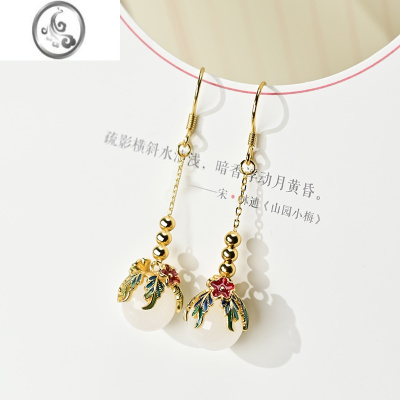 JiMi和田玉耳坠2022新款气质款925银银圆绣球耳环女长款轻奢玉石耳饰