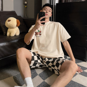 男士睡衣夏季仿棉短袖韩版卡通青少年休闲宽松外穿短裤家居服套装