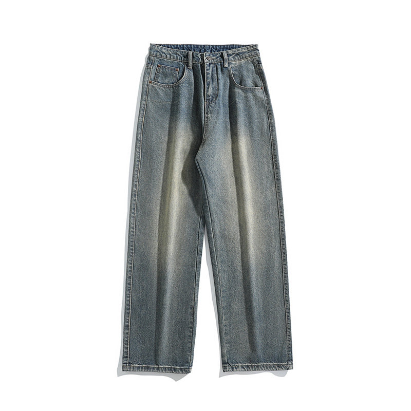 垂感宽松直筒男生牛仔裤港风牛仔裤男做旧百搭多色松紧水洗拖地裤