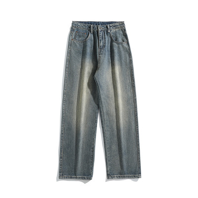垂感宽松直筒男生牛仔裤港风牛仔裤男做旧百搭多色松紧水洗拖地裤