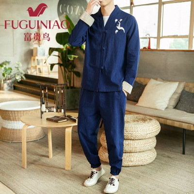 富贵鸟2021春季大码中国风男装夹克外套复古盘扣套装汉服休闲裤唐装两件套潮