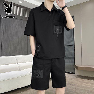 花花公子运动套装男士2025年夏季短袖polo衫搭配休闲工装短裤一套