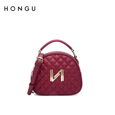 红谷包包女2020夏季新款牛皮单肩手提包菱格贝壳包时尚斜挎女包酒红