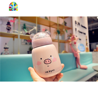 韩版超萌水杯小猪保温杯少女心ins学生可爱小巧便携儿童迷你杯子 FENGHOU 玻璃款爱心+杯套