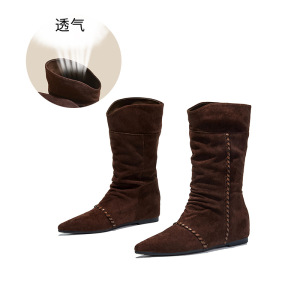 内增高5cm复古尖头堆堆靴秋冬新款中筒靴休闲百搭洋气马丁靴