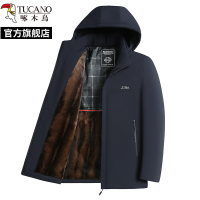 啄木鸟棉衣外套男2024新款冬季加绒加厚派克服中老年爸爸连帽棉服