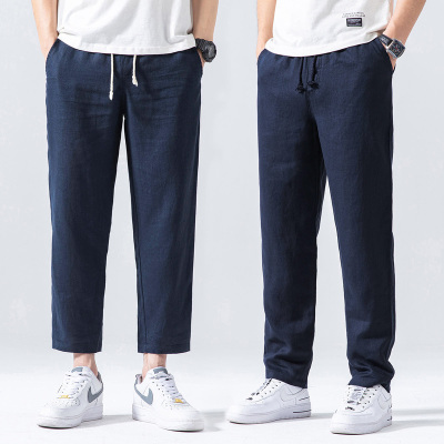 夏季纯亚麻休闲裤男薄款九分长裤中国风直筒宽松国潮透气男裤