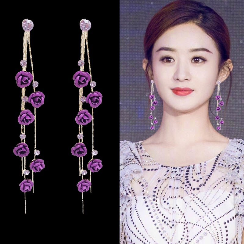 韩国925银针耳钉长款紫色流苏耳环女高级感玫瑰花耳坠网红耳饰品