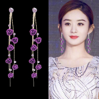 韩国925银针耳钉长款紫色流苏耳环女高级感玫瑰花耳坠网红耳饰品送女朋友老婆情人节七夕生日礼物