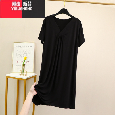 YIBUSHENG外穿莫代尔v领短袖中长款连衣裙女宽松打底裙大码睡裙纯色a字裙