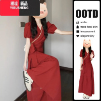 YIBUSHENG法式高级感红色v领连衣裙子女装季2024新款气质收腰泡泡袖长裙