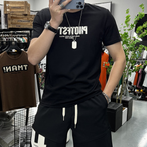 欧洲站夏季新款字母时尚短袖修身男士上衣半袖潮流丝光棉圆领衣服