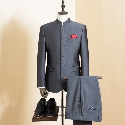 斯哲维世旗舰店 中山装男套装刺绣祥云中华立领中老年爸爸装结婚宴会