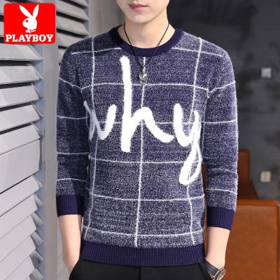 花花公子圆领冬季内搭毛衣男2020新款潮流个性格子针织衫休闲外套