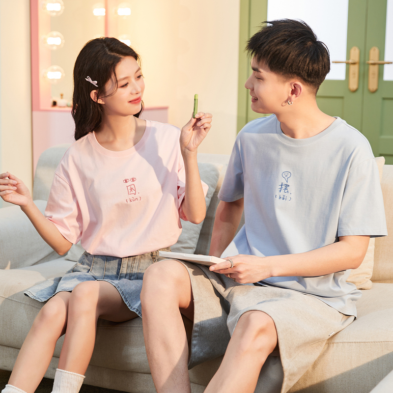 [2.5折价59元]唐狮夏季新款情侣装短袖t恤男日系休闲简约上衣女纯棉宽松潮