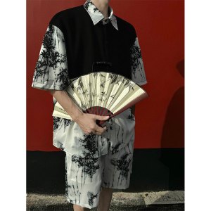套装男士夏季新款冰丝短袖衬衫男休闲痞帅扎染百搭潮牌翻领两件套