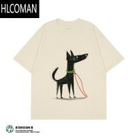 HLCOMAN潮牌美式复古绘画狗印花短袖t恤2025新款男女同款