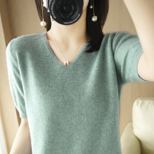 新春季短袖女秋冬毛衣针织衫v领半截袖潮打底衫T恤女气质通勤显瘦
