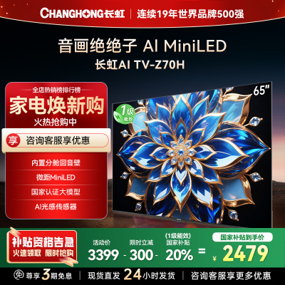 长虹欧宝丽65Z70H 内置分舱回音壁电视 双驱16晶MiniLED 云帆AI影像4K超高清平板液晶电视政府补贴