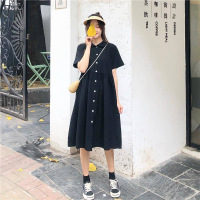 POLO领宽松开衫连衣裙女闺蜜装黑色短袖衬衫裙休闲中长款韩国女装