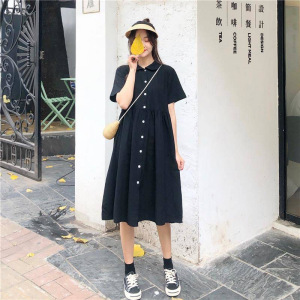POLO领宽松开衫连衣裙女闺蜜装黑色短袖衬衫裙休闲中长款韩国女装