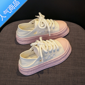 SUNTEK镂空两穿帆布鞋女夏季小白鞋2023年新款厚底百搭饼干板鞋