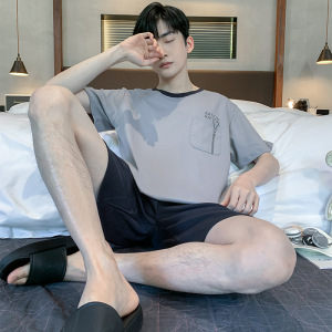 男士睡衣男款夏季棉质短袖套头圆领加肥加大码家居服夏天薄款套装