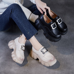春季新款高跟厚底乐福鞋女真皮复古大头皮鞋英伦增高休闲单鞋