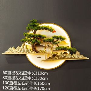 维诺亚新中式客厅沙发背景墙装饰画带灯迎客松挂件圆形茶台玄关壁画