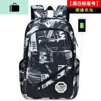 书包男时尚潮流高中初中学生大容量小学生校园双肩包韩版休闲背包NEW LAKE 黑白USB版单件