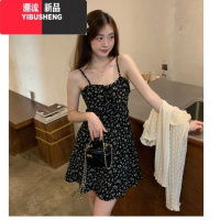 YIBUSHENG款胖mm法式别致黑色碎花吊带裙大码纯欲甜辣风显瘦雪纺连衣裙女