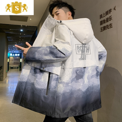 SUNTEK中长款风衣男士大码韩版潮流帅气夹克胖子宽松披风连帽外套男春秋风衣