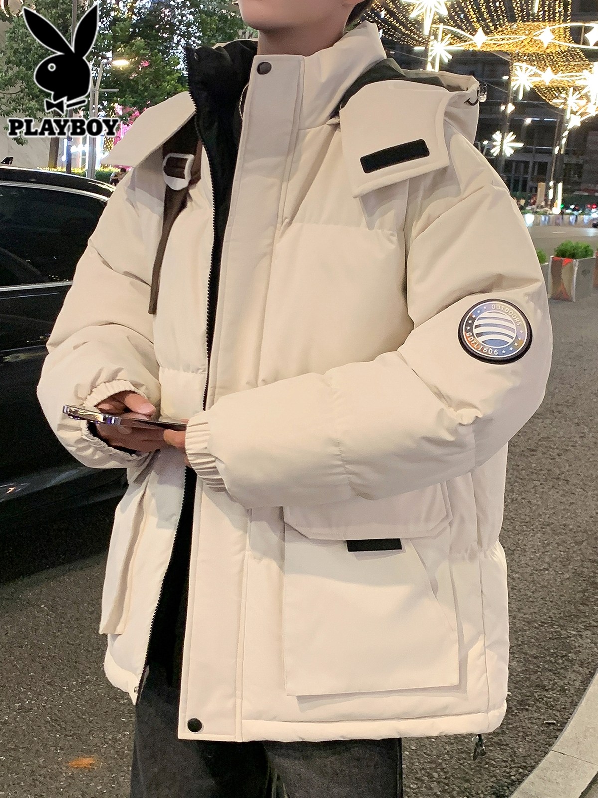 花花公子羽绒棉服男士冬季潮牌可拆卸帽棉袄加厚保暖工装棉衣外套