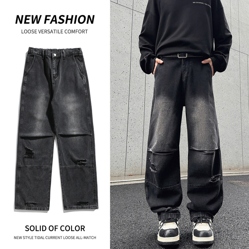 性价比春季款宽松直筒港风牛仔裤男基础款百搭多色松紧水洗拖地裤