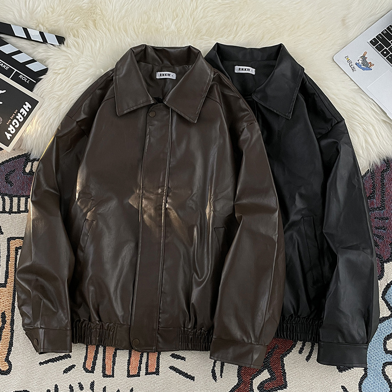 男装美德拉棕色pu皮夹克春秋季高街美式潮牌宽松休闲机车男士外套