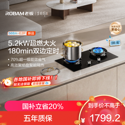 老板(Robam)E2P燃气灶联动定时灶家用厨房炉具配件灶台灶具 5.2kW 70%热效率56BA-E2P 天然气